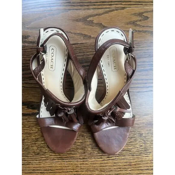 Coach women’s  leather shoes Sz. 6.5 brown tassel fringe accent sandals heels - Picture 2 of 8